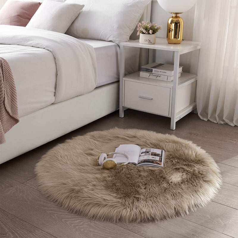 SERISSA Ultra Soft Round Faux Sheepskin Fur Area Rug Beige Circular Shaggy Rug Round Fluffy Area Rugs Plush Circle Floor Carpet Mat for Bedroom Living Room Floor Decor, 3ft Diameter (Beige) - Image 4
